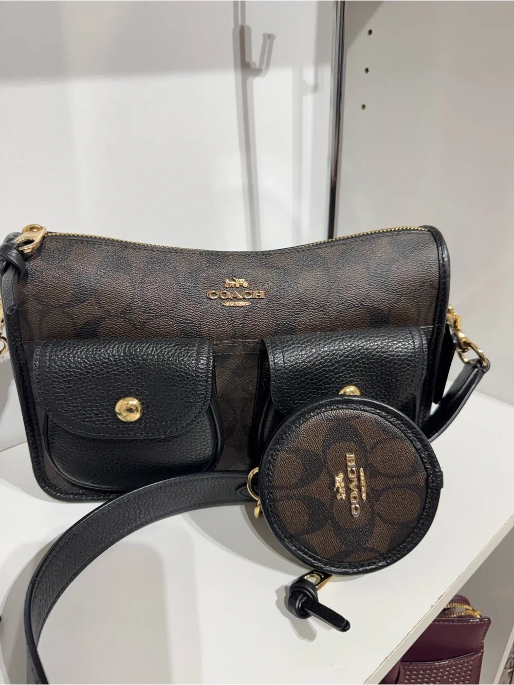 Coach Brown and Black Signature Canvas Crossbody Bag with Pouch